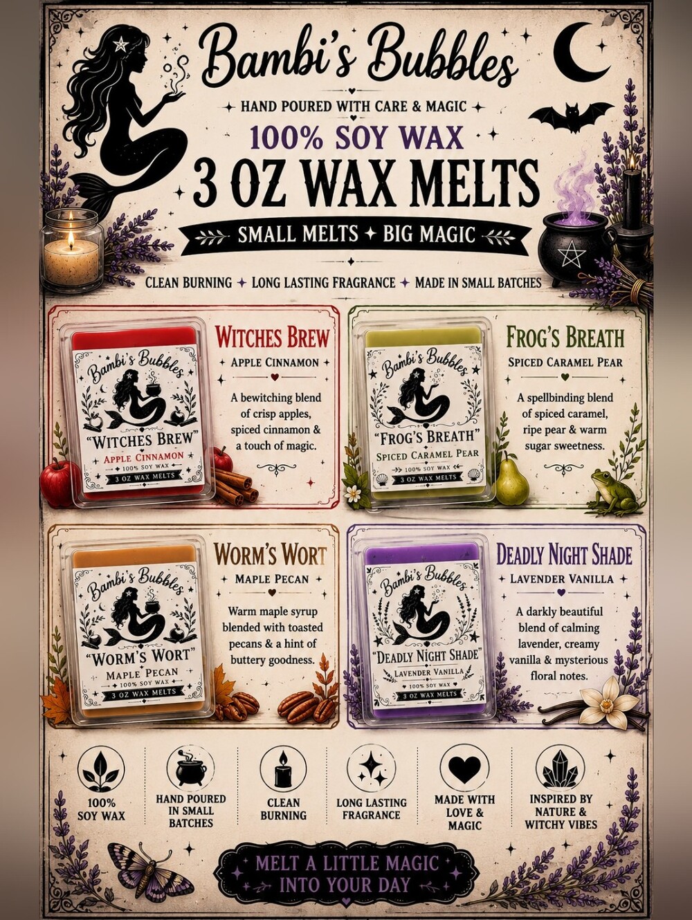 New! Hand Poured Summer-Ween Wax Melts 3oz Assorted Scents